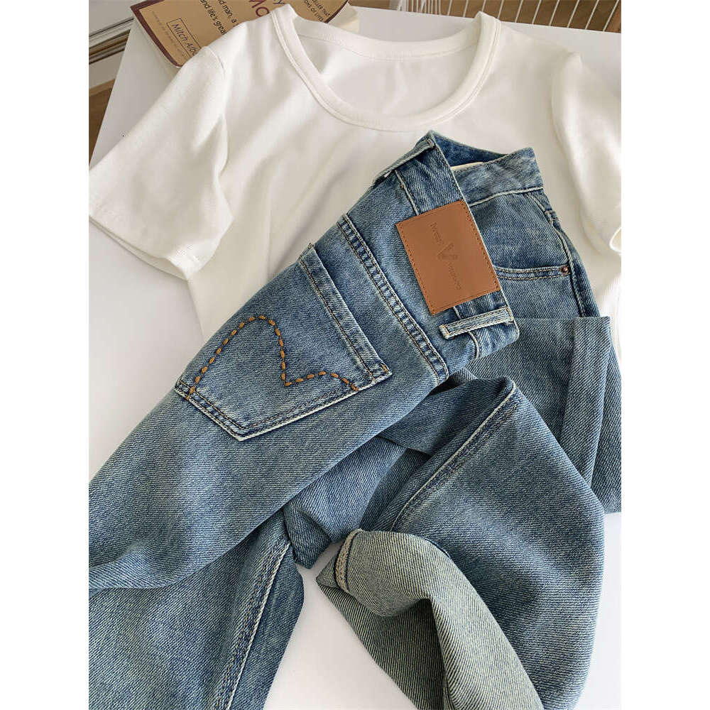 High Waist Straight Jeans For Women Spring Relaxed Slim Embroidered Wide Leg Pants