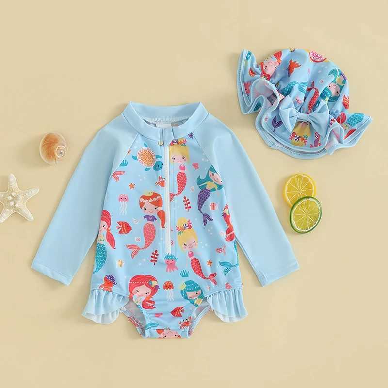 Suefunskry Baby Girls Swimsuit Strberry Flower Print Bikini with Hat Newborn Long Sleeve Romper Swimwear for BathingXJ250214