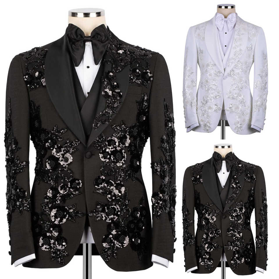Sparkly Wedding Tuxedos Appliques Sequins Men Suits Shawl Lapel 3 Piece Set Jacket Vest Pant Business Formal Blazers Customized