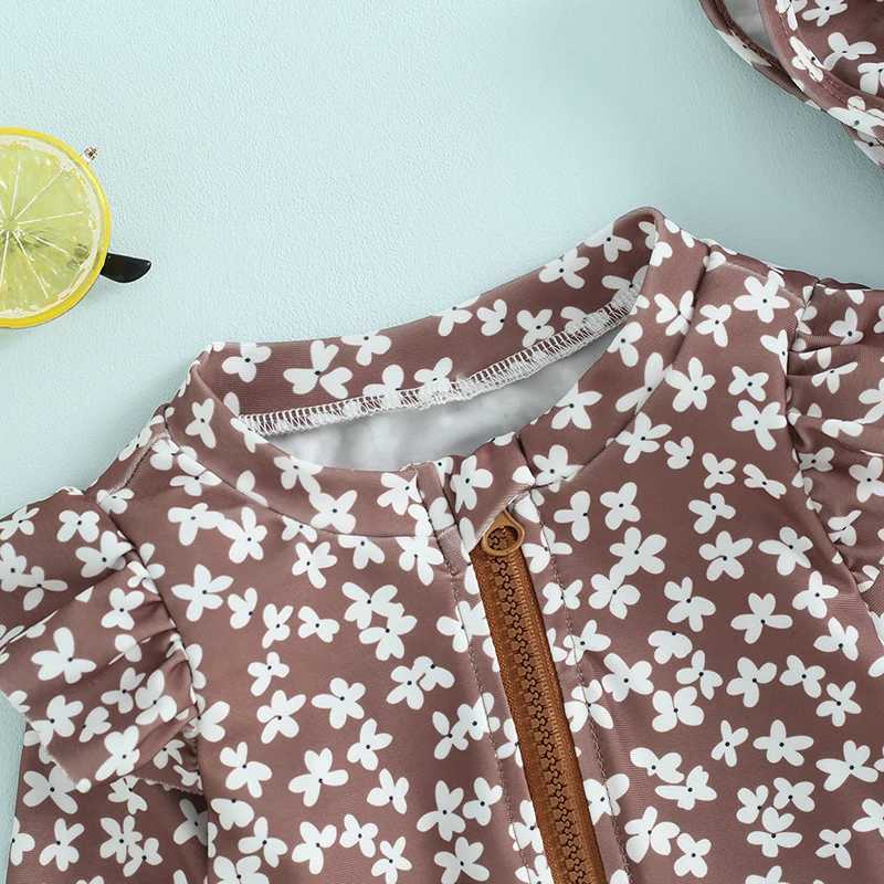 Baby Girls Bathing Suit Outfits Round Neck Flower Print Long Sleeve Zipper Swimsuit and Swim Cap Toddler Baby Beach Wear SetXJ250214