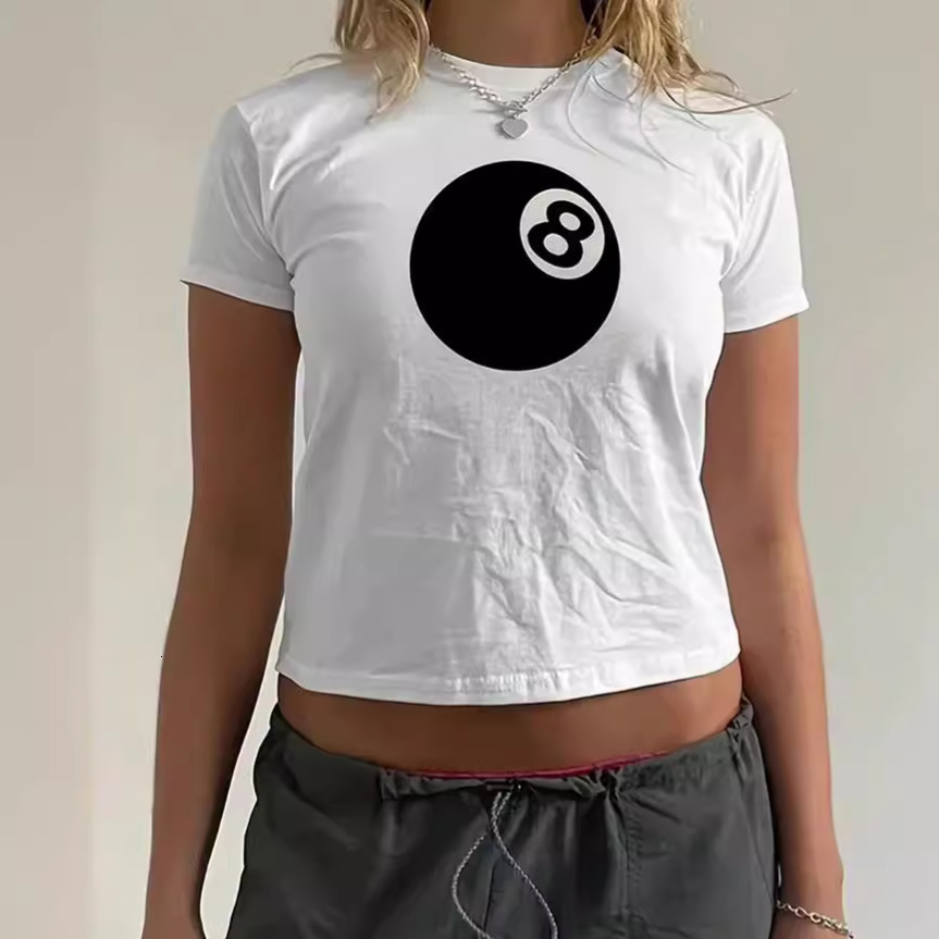 Designer's New Summer Billiard Size 8 Print Tight INS Internet Celebrity Open Umbilical Cord Hot Girls Multi-functional T-shirt