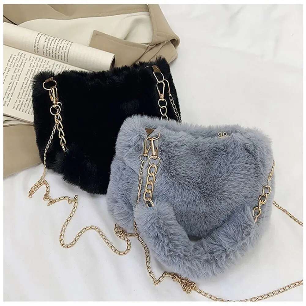 Fashion Women Fluffy Shoulder Bags Female Winter Chain Underarm Solid Color Handbag Soft Plush Handle Bag