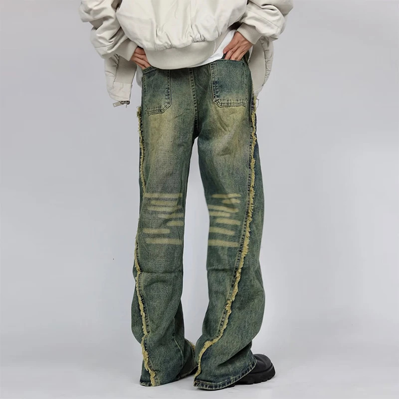 Streetwear Fashion Denim Trousers Mens Spring Fall Trendy Patchwork n Jeans For Men Vintage Fringed Solid Color 250214