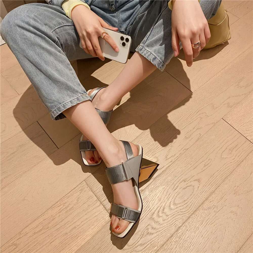 Square Toe 5Cm Med Strange Heels Mixed Colors Party Dating Classic Casual Shoes Cozy Women Sandals Lx199