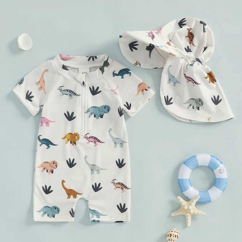 Citgeett Summer Toddler Boys Swimsuit Playsuits Print Zipper Short Sleeve Bathing Suit Cap ClothesXJ250214