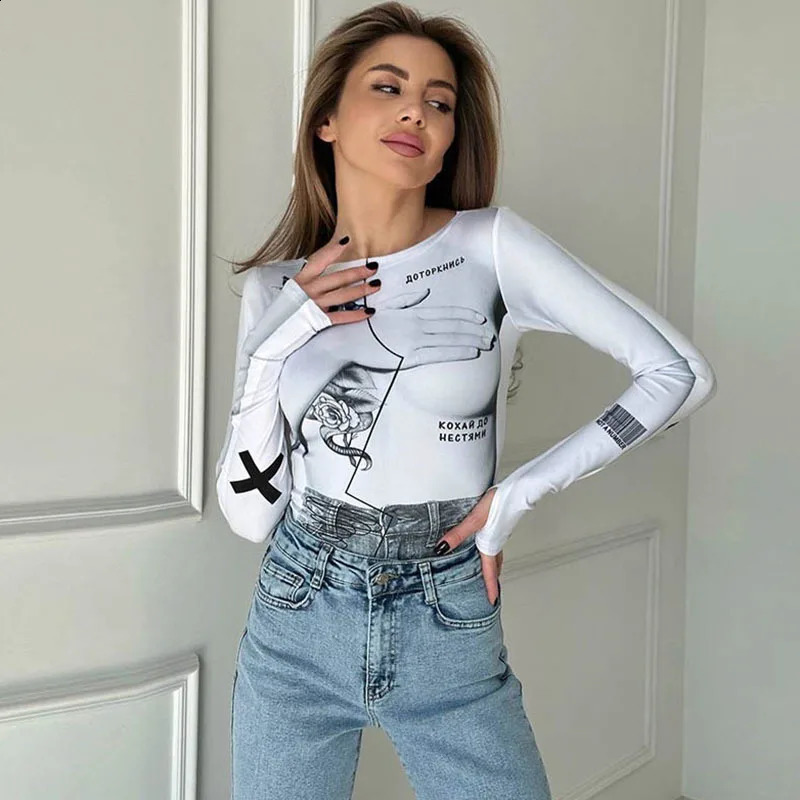 Apprabant Street Style Double Printed Denim Patchwork Bodysuits Fashionable Slim Fit Round Neck Long Sleeved Versatile Bodysuit 250213