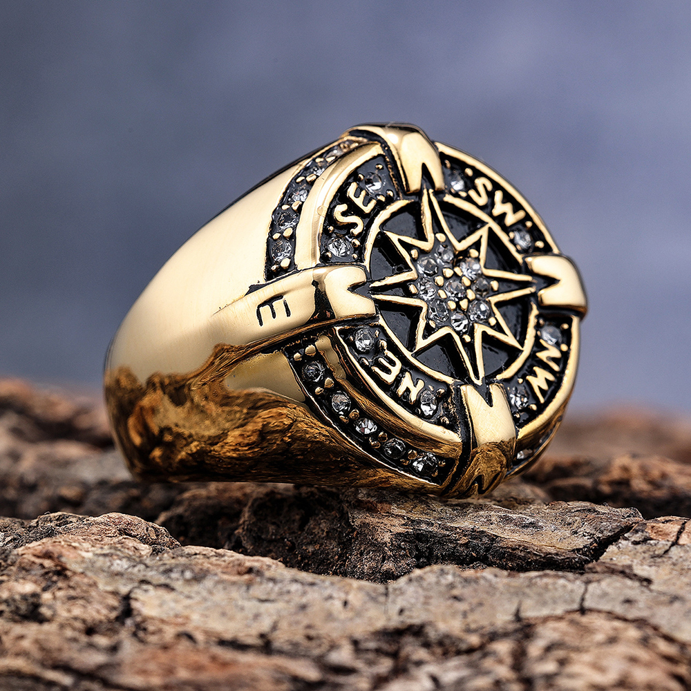 Vintage Hip Hop Star Compass Ring Titanium Steel 18k Gold Plated Mens Finger Jewelry