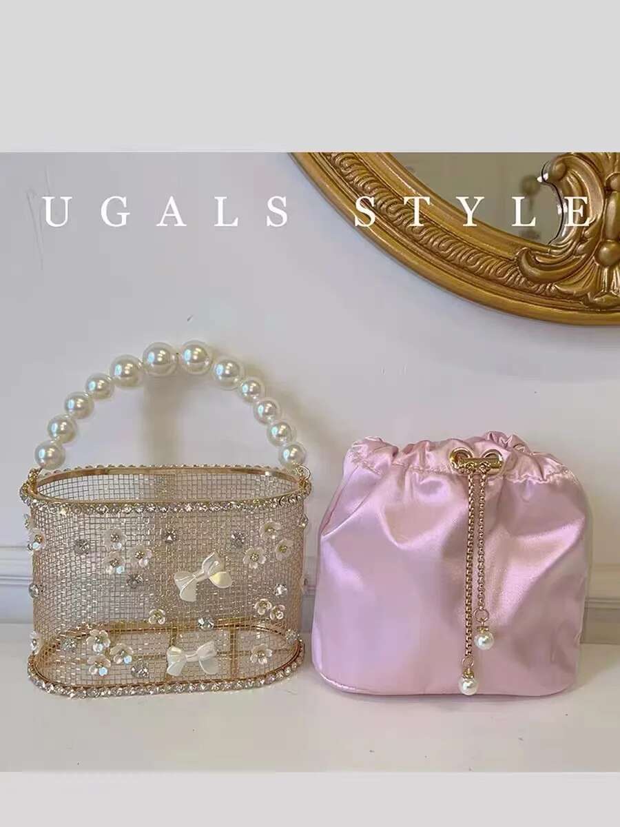 Pearl Beaded Women's Handbag Metal Cage Crystal Shiny Dias Evening Wedding Party Clutch Purse Shoulder Bag