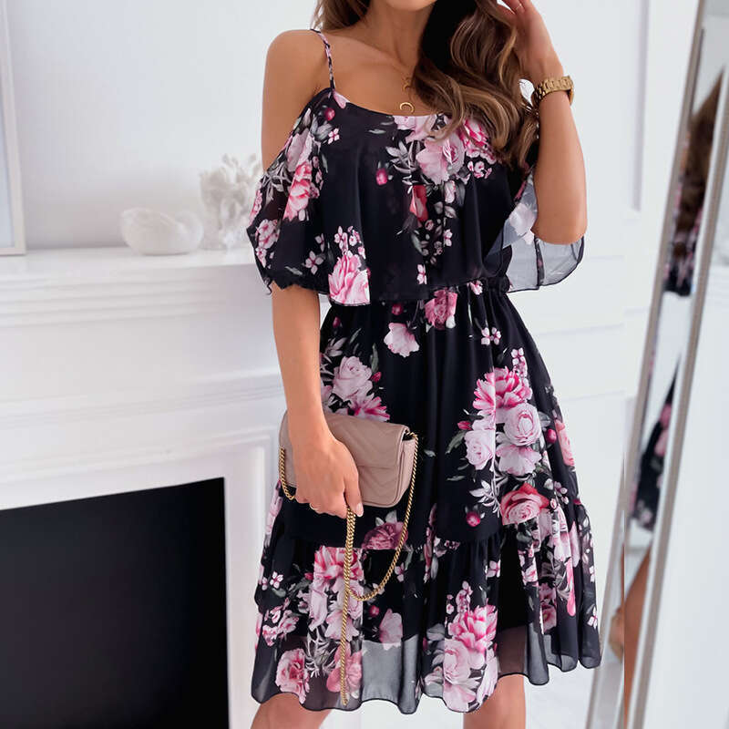 Spring Chiffon Printed Off Shoulder Sexy Fashion Dress 2025 New Style Unique and Elegant Clothing