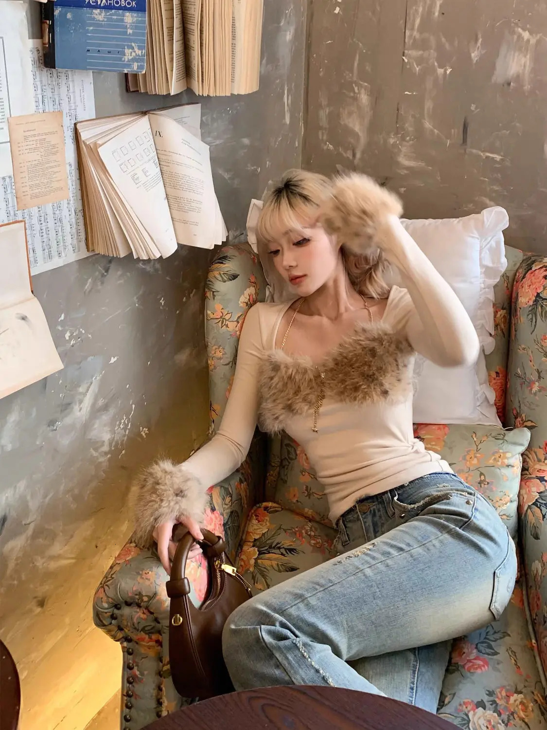 Trendy Leopard Print Fur Stitching Long-sleeved European American Slim Fit Versatile T-shirt Autumn and Winter Harajuku Y2k Tops 250210