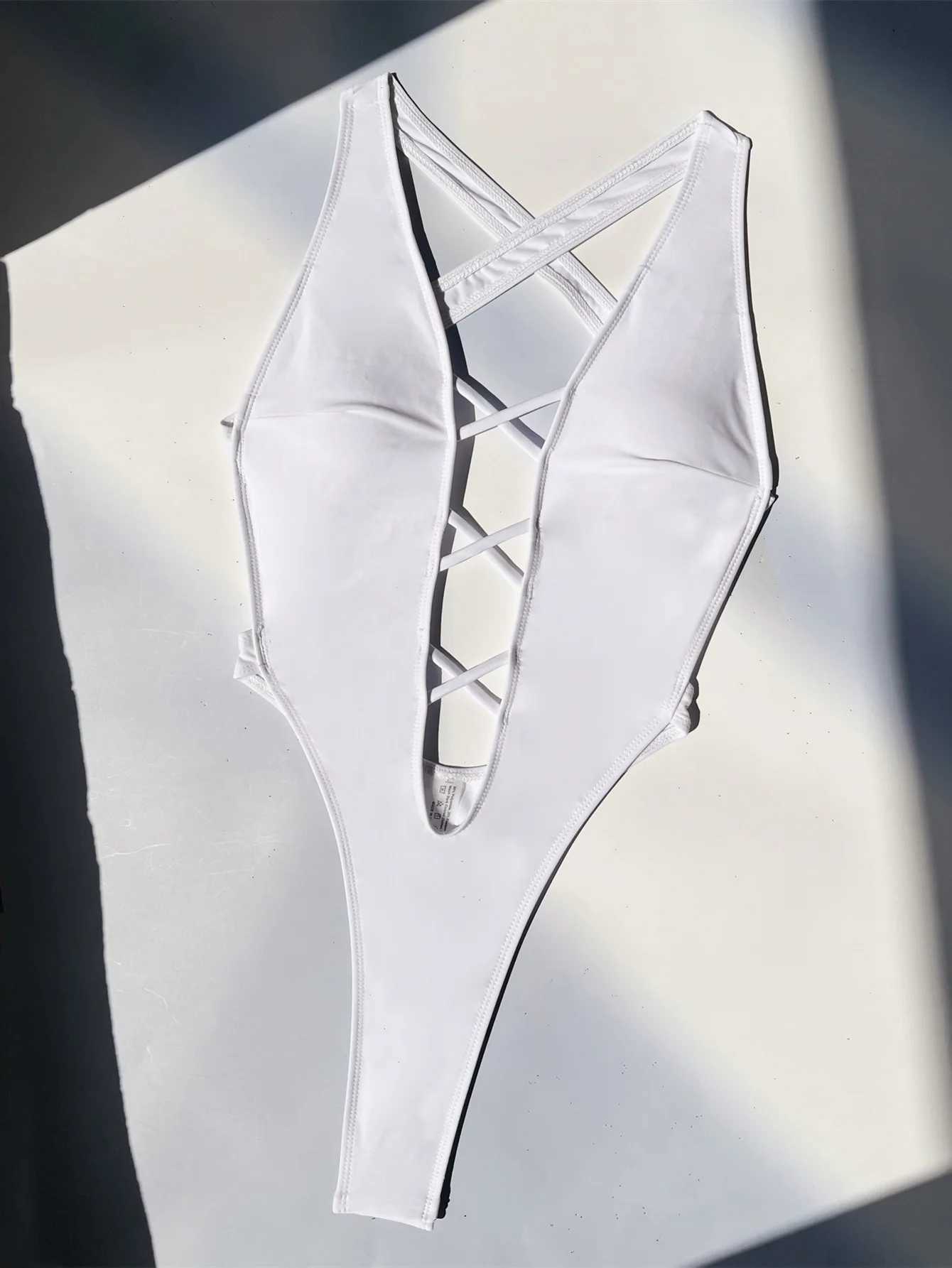 sexy solid cross backless swimsuit one piece bikini thong swimwear bodysuits women biquini bathing suits black and white 2 colorT250214
