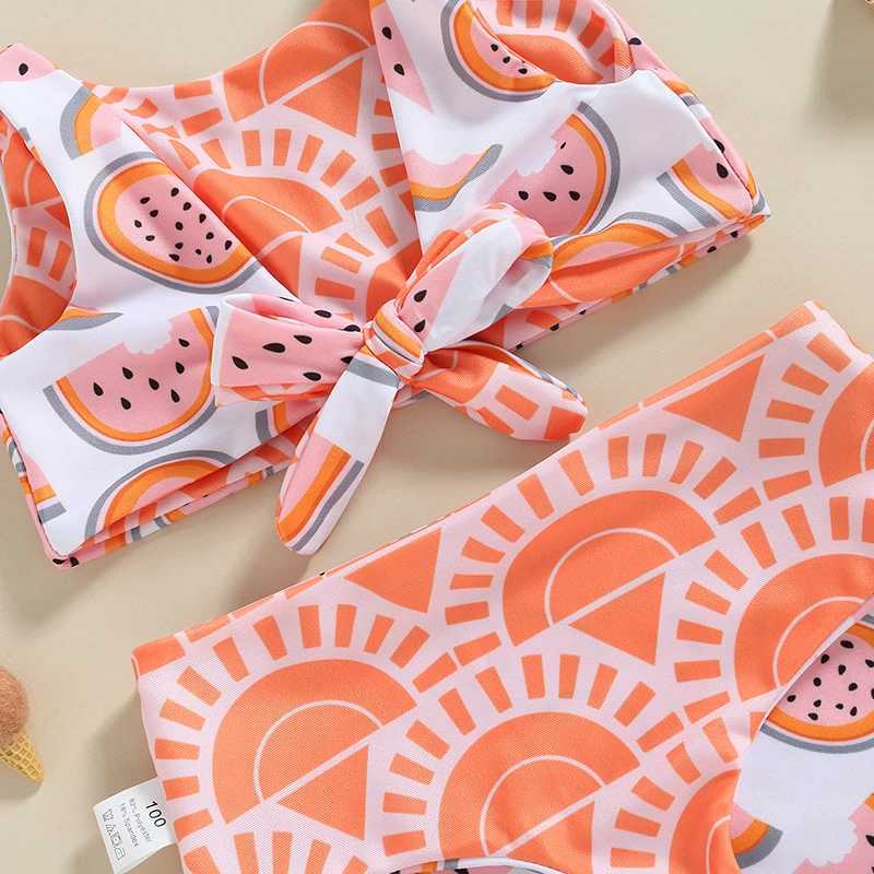 Kid Girl Swimsuit Two Pieces Sets Sleeveless V Neck Watermelon Print Striped Swimwear Summer Swimming Beach Bathing SuitXJ250214