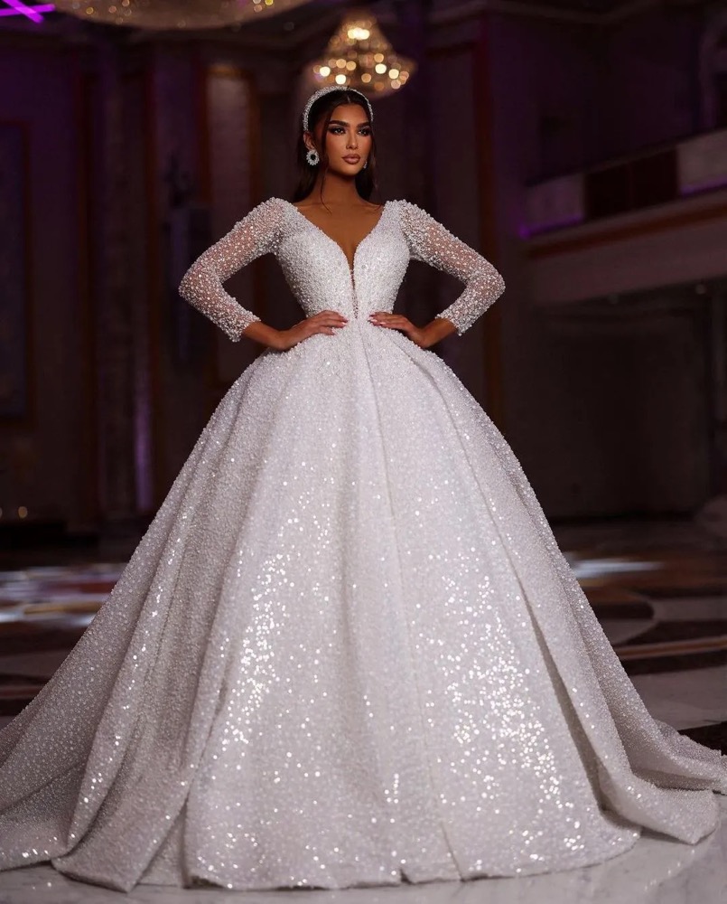 A-Line Wedding Dresses Long Sleeves Deep V Neck Sequins Ruffles Beads Pearls Plus Size Zipper 3D Lace Bridal Gowns