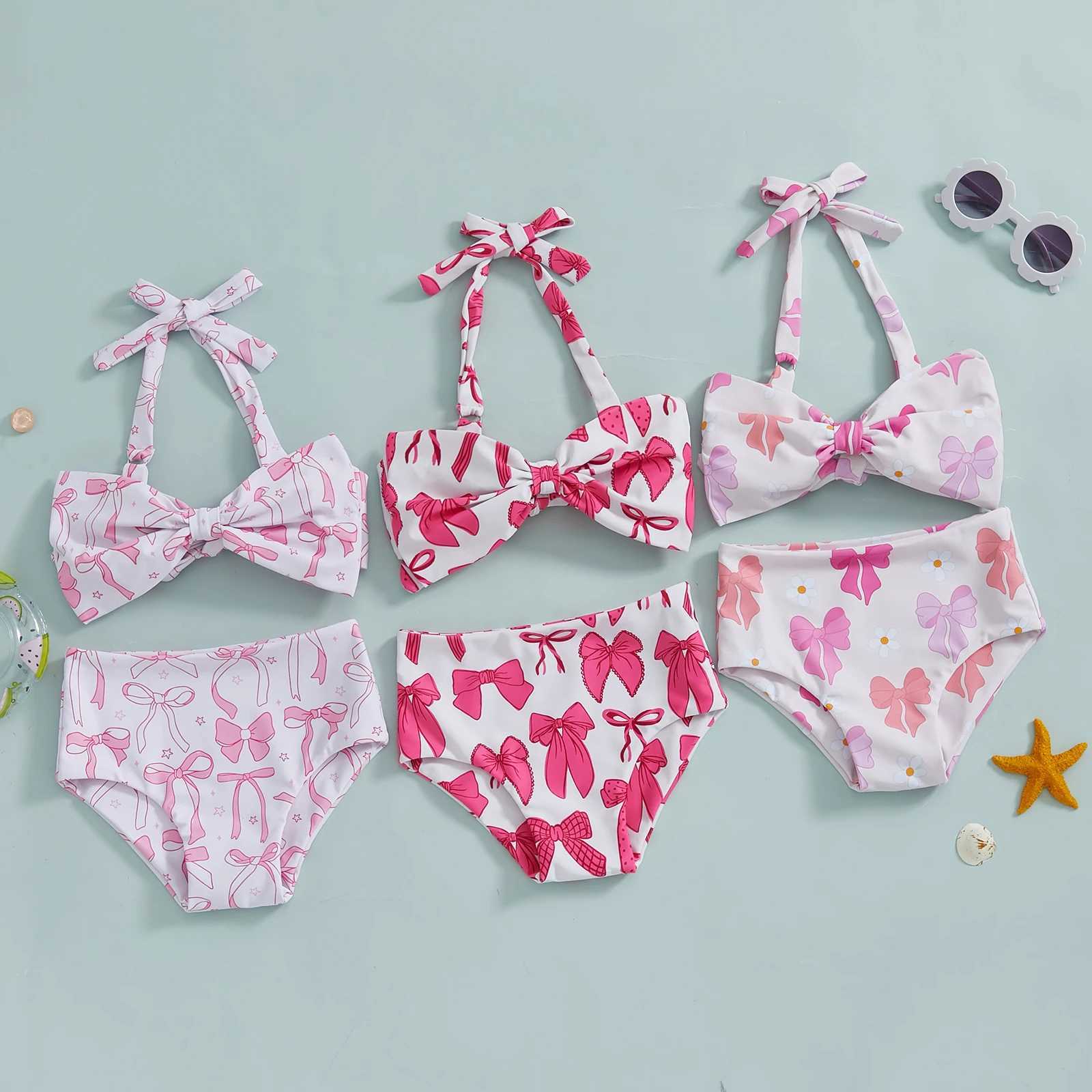 2025 New Kids Baby Girl 2 Piece Swimsuits Summer Bow Print Halter Neck Bikini Tops and Elastic Shorts Set Bikini Bathing SuitsXJ250214