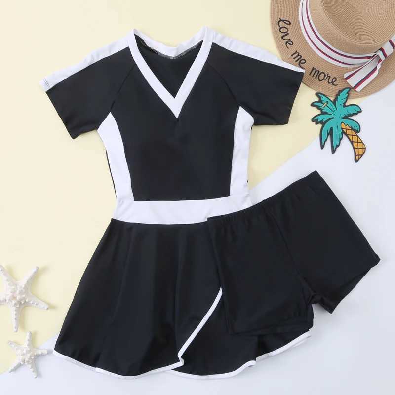 New Girls Swimwear 2 Pieces Swimsuit with Skirt Teenagers Short Bikini Children Swimming Pool Bath Suit Tankini Sets BeachwearXJ250214