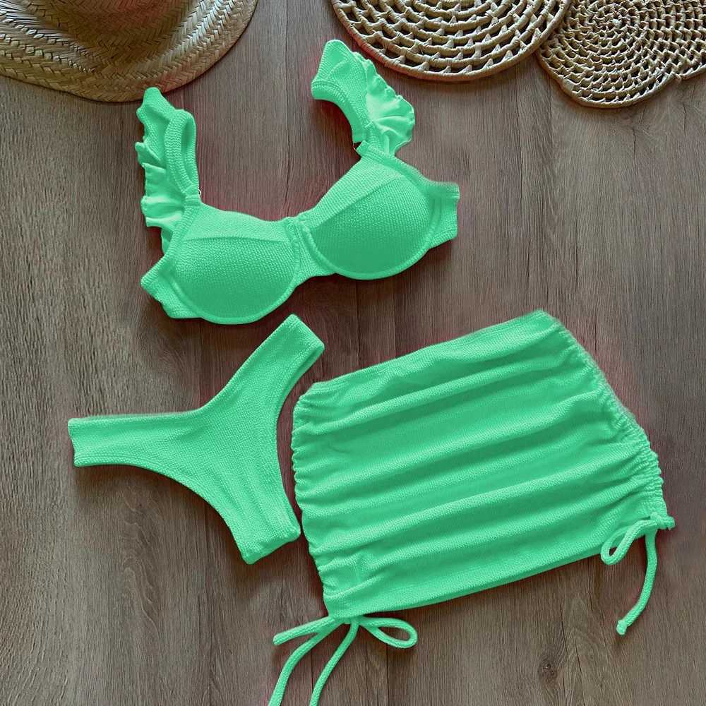 Solid Wavy Fabric Low Waist Bikini Set Cover Up Swimsuit For Women Push Up Ruffle Thr Pieces Swimwear 2025 Beach Bathing Suits X250214