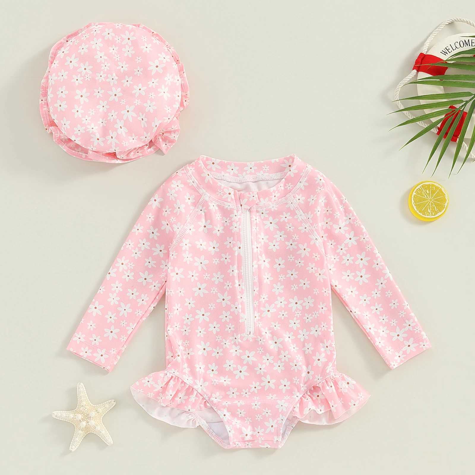 Toddler Girls Rash Guard Swimsuit 2pcs Bathing Suit + Sun Hat Set Infant Long Sleeve Floral Print Ruffles Swimwear with Swim CapXJ250214