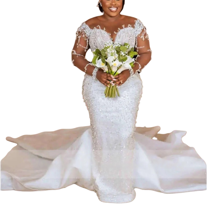 Luxurious Crystals Beaded Mermaid Wedding Dresses Sheer Long Sleeves African Bridal Gowns Transparent Jewel Neck 2025 Vestido De Novia