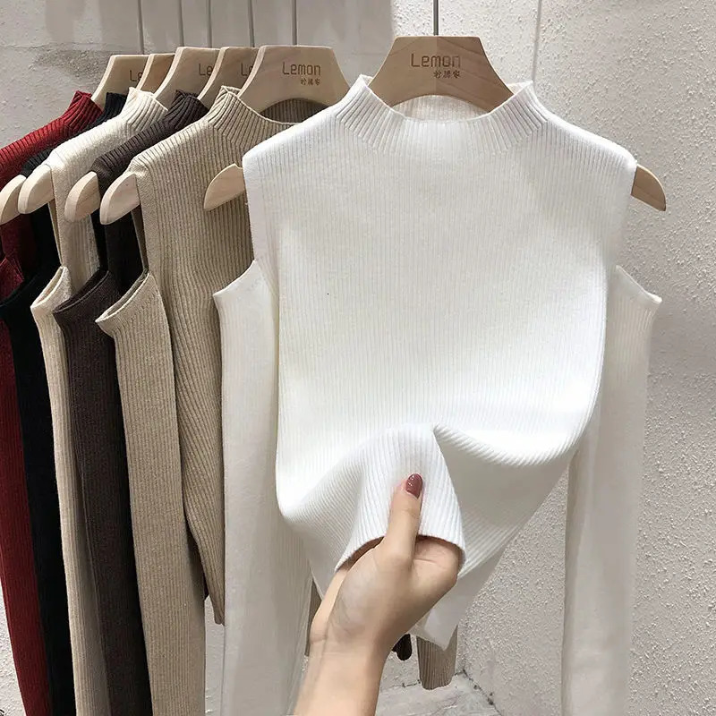 Spring and autumn solid color semi long sleeved sweater womens long sleeved off shoulder elegant slim fit top 250210