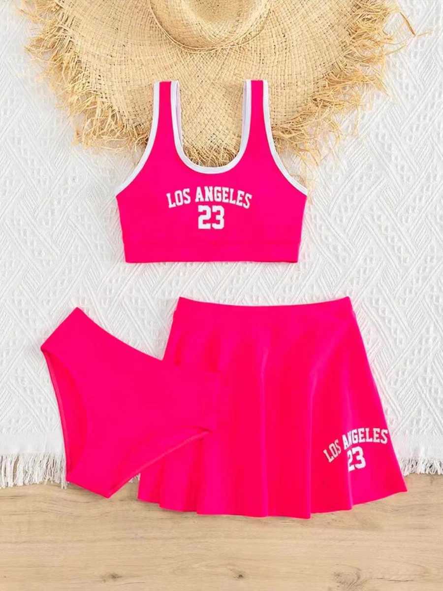 3 Pieces Bikinis With Skirt 2023 Girls Swimsuit Red Kids Swimwear Female Childrens Bathers Bathing Swimming Swim Suit BeachwearXJ250214