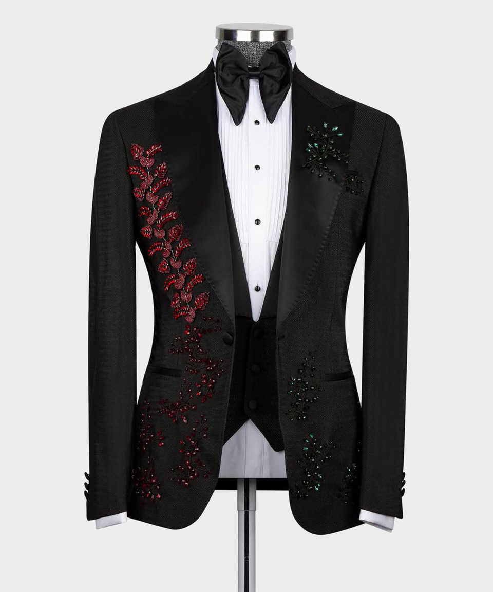 Formal Wedding Tuxedos Appliques Crystal One Button Men Suits Peaked Lapel 2 Piece Set Jacket Pants Groom Blazers Customized