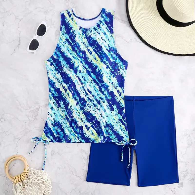 2025 Printed Tankini Set Two Pieces Swimsuit Women Drawstring Swimwear Female Long knee Shorts Bathing Swimming Swim SuitW250214