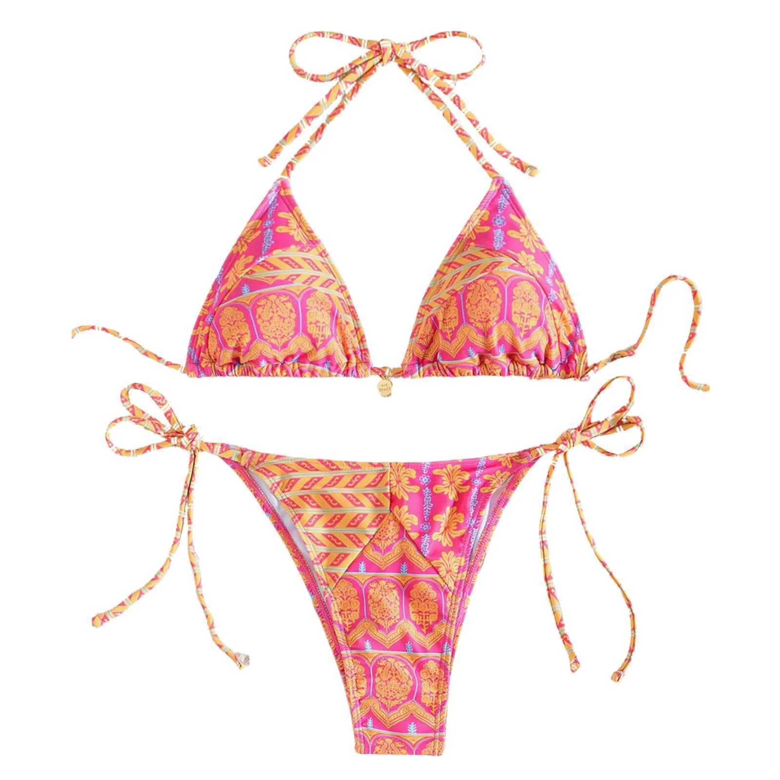 Womens Bikini Sets Two Piece Swimsuits Floral Print Sexy Triangle Bikinis Bohemian Style Halter Neck Strap Swimsuit Bathing SetT250214