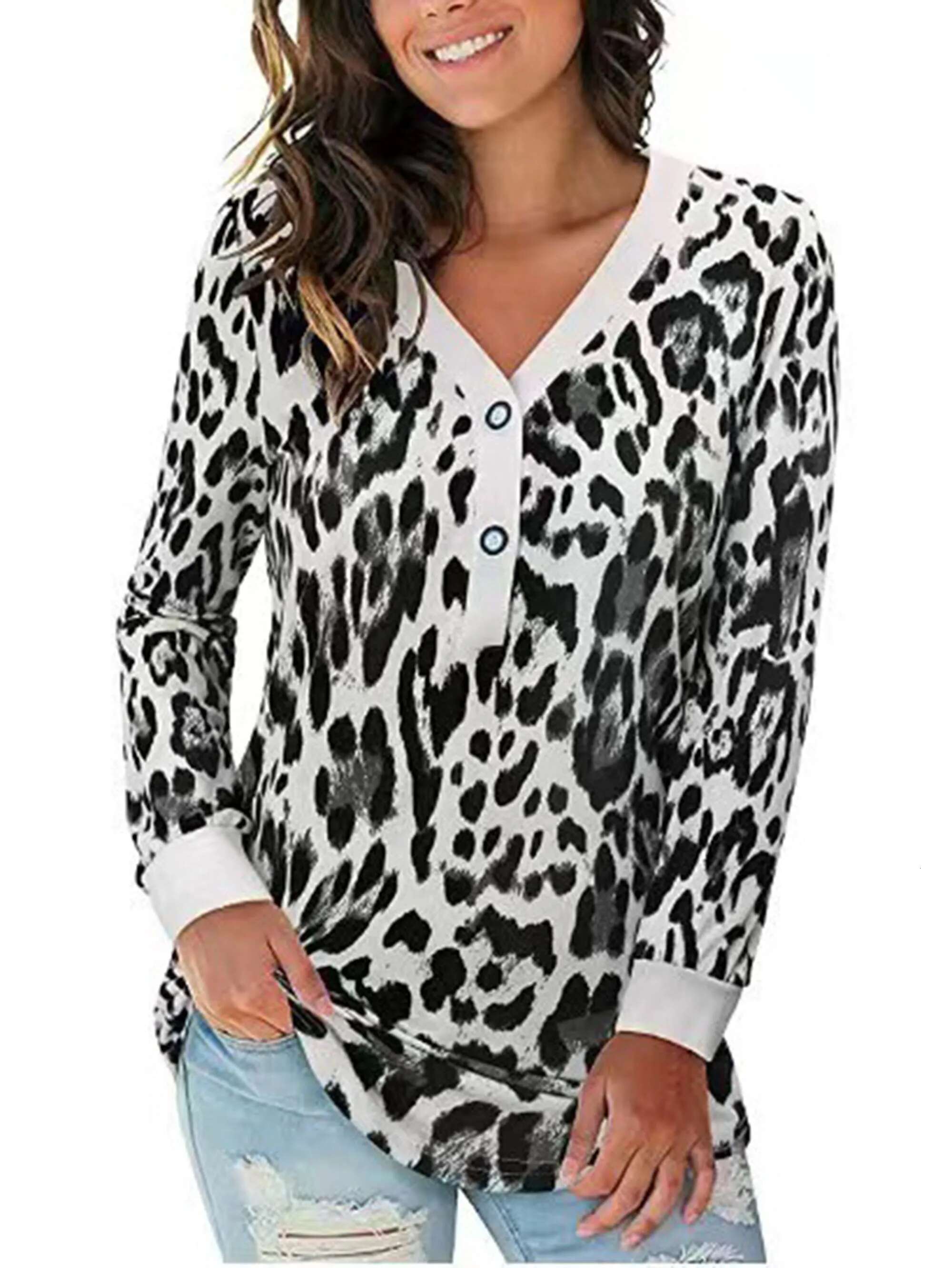 2024 Autumn Cross-Border New V-Neck Button Print Long Sleeved Contrasting T-Shirt Top For Women