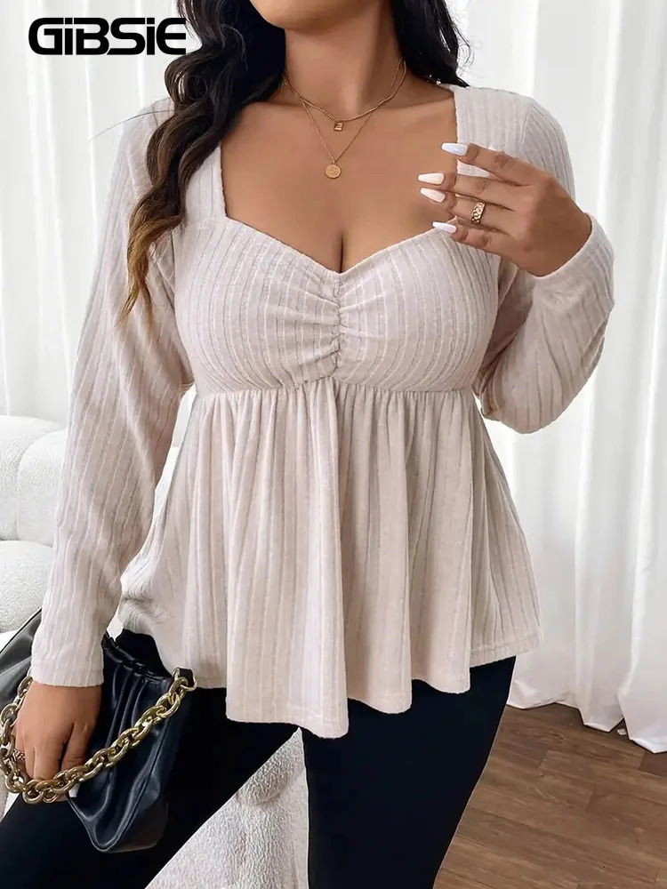 GIBSIE Plus Size Sweetheart Collar Solid Peplum Shirt Womens Spring Autumn Long Sleeve American Elegant Style Ultra Thin Short Top 250210