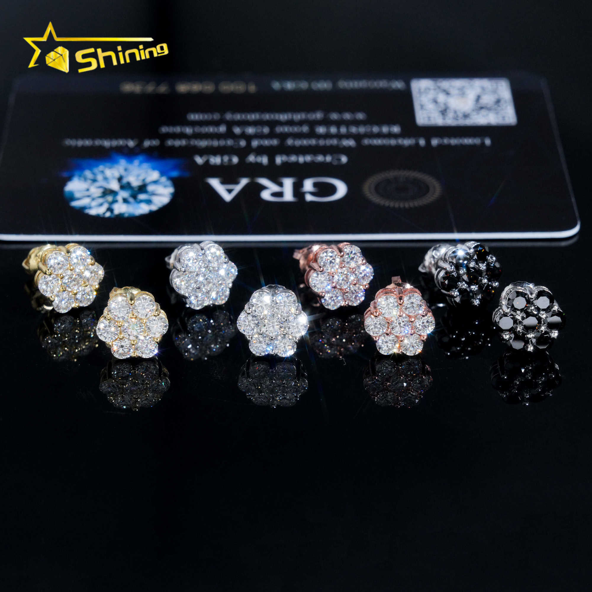 RTS Men Hip Hop Jewelry 925 Sterling Silver White Black 8mm Cluster Flower Moissanite Stud Earrings With GRA Certificate