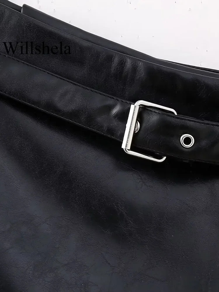 Willshela Womens Fashion PU Black Side Zipper Mini Ski Shorts Retro High Waist Chic 250213
