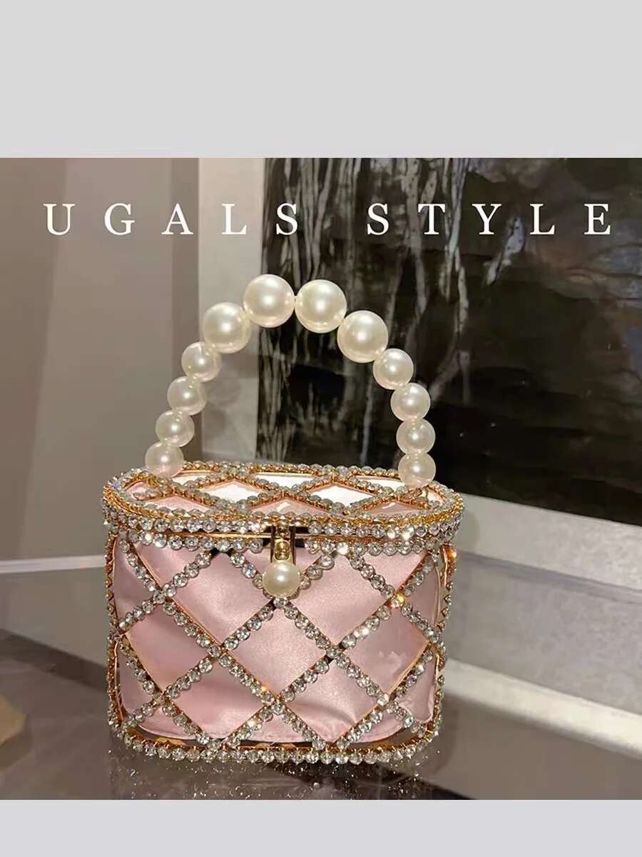Metal Cage Crystal Dias Evening Hollow Out Pearl Beaded Women's Handbag Wedding Party Clutch Purse Crossbody Bag