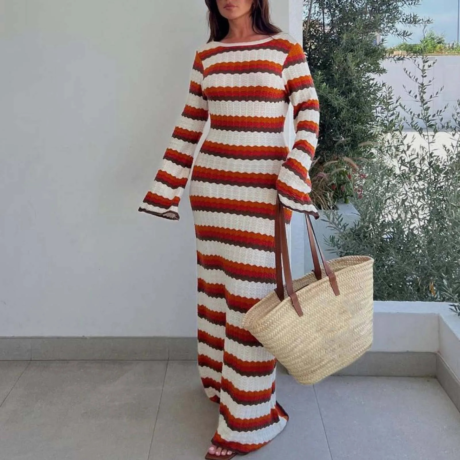 Knitted Hollow Out Dress Womens Striped Print Contrast Color Beach Vacation Long female sexy backless Maxi Vestidos 250214
