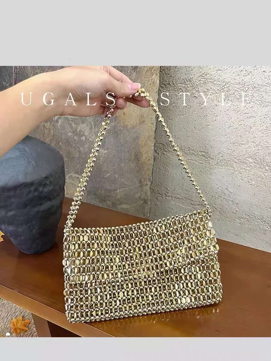 Fashion Beads Beading Woven Handmade Square Women's Handbag Glitter Shiny Shoulder Underarm Lady Purse Female Casual Bag