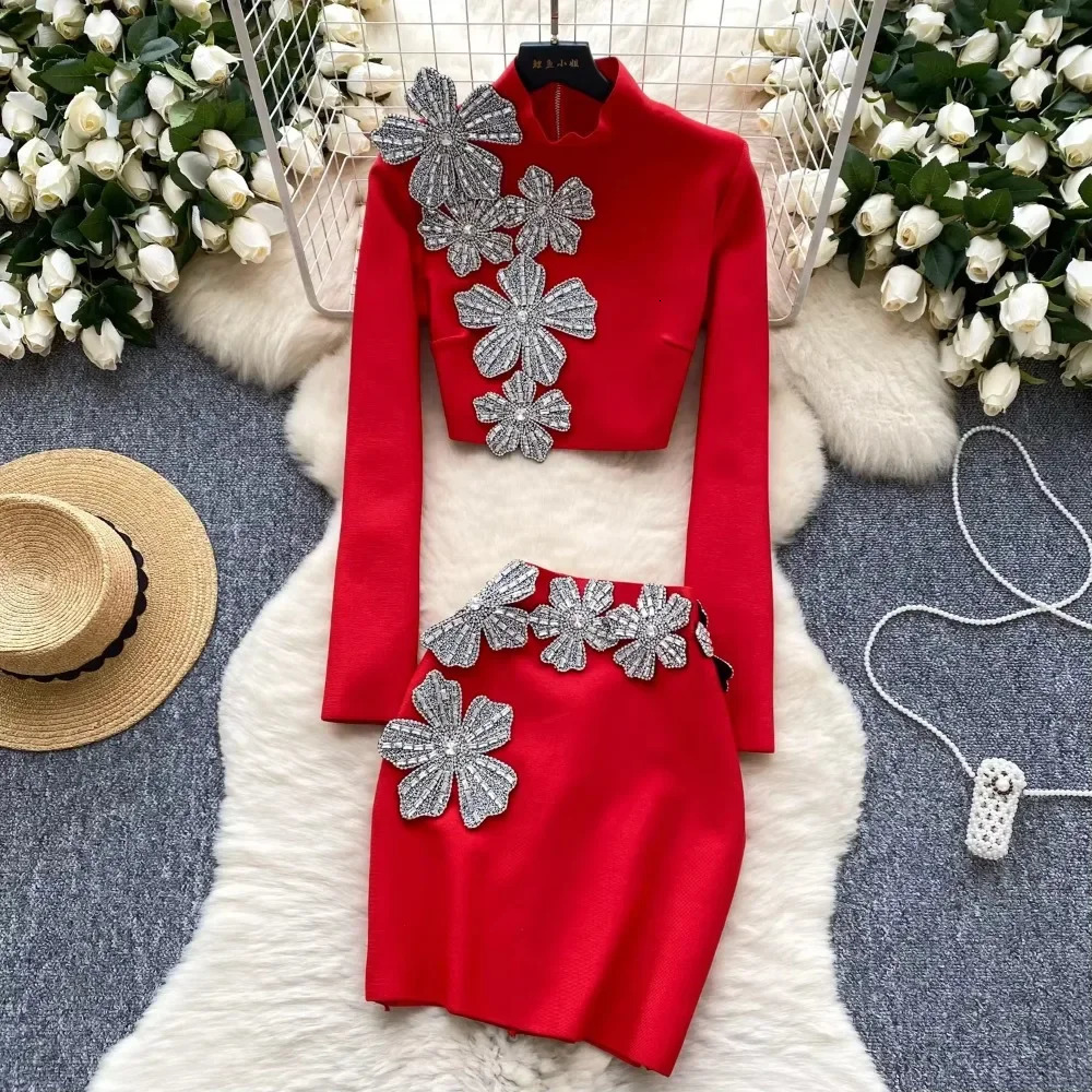 Elegant Two-piece Sets Stand Neck Long Sleeve Chic 3D Floral Top Slim High Waist Short Skirt Evening High Street Autumn Clothing 250210