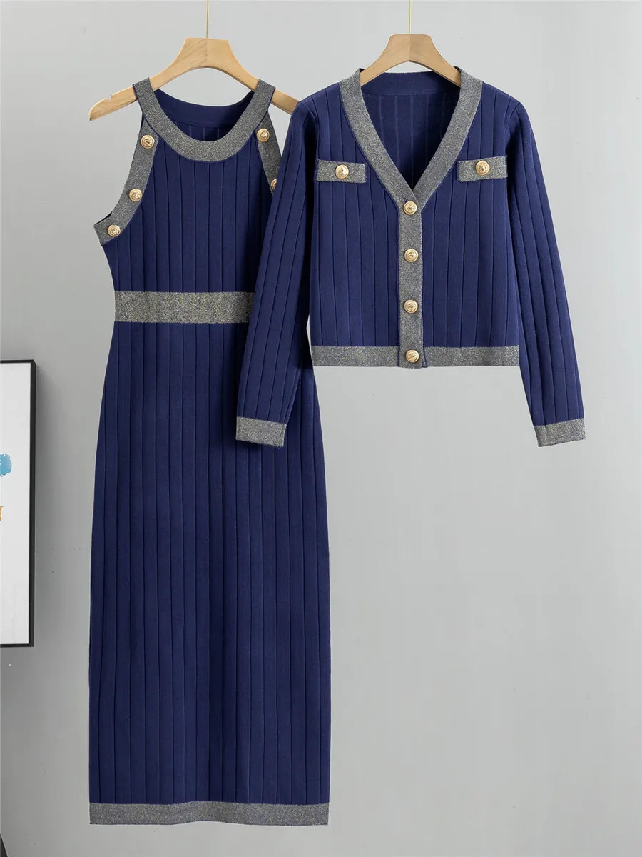 Elegant ultra-thin knitted 2-piece set for womens O-neck sleeveless knitted dress Conjuntos Korean long sleeved short cardigan top set 250210