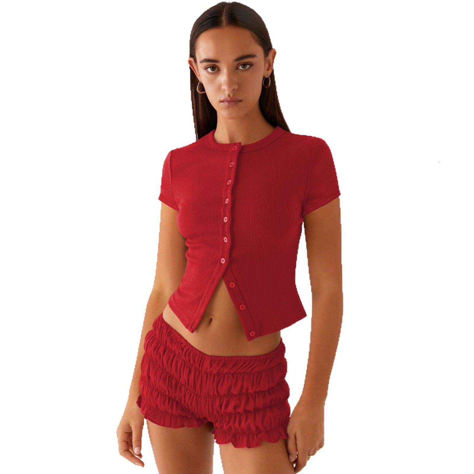 Designer Fashion Trend Free Shipping 2025 Summer Women Clothing New Collection Buckle Slimming Short Sleeved T-shirt Single Breasted Knitted Top