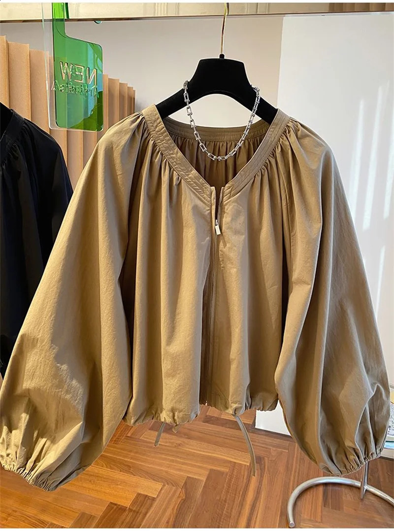 Spring Womens Jackets Fashion n Round Neck Long Sleeved Short Casual Pure Cotton Windbreaker Female Tops 250213