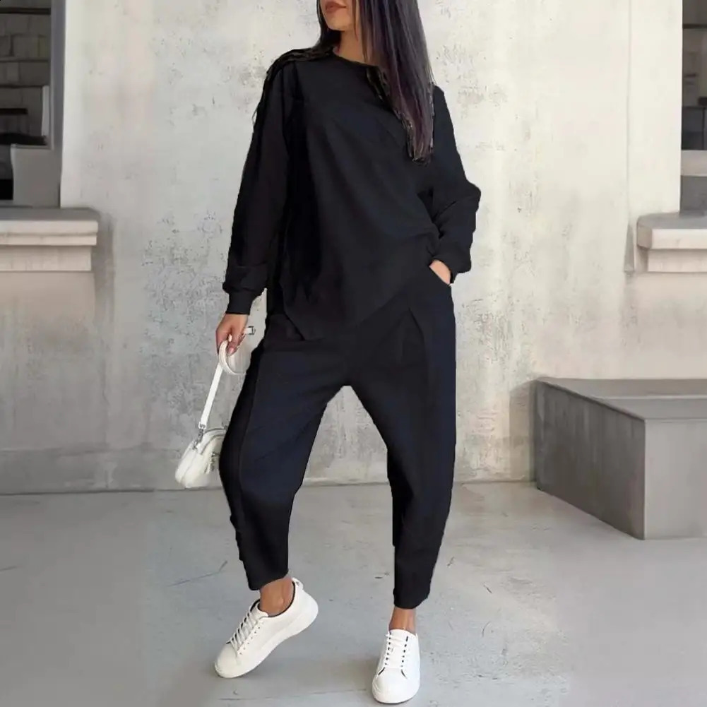 2 Pcs/Set Fall Spring Women Top Pants Set OL Commuting Sport Outfit Long Sleeves O Neck Irregular T-shirt Elastic Waist Trousers 250210