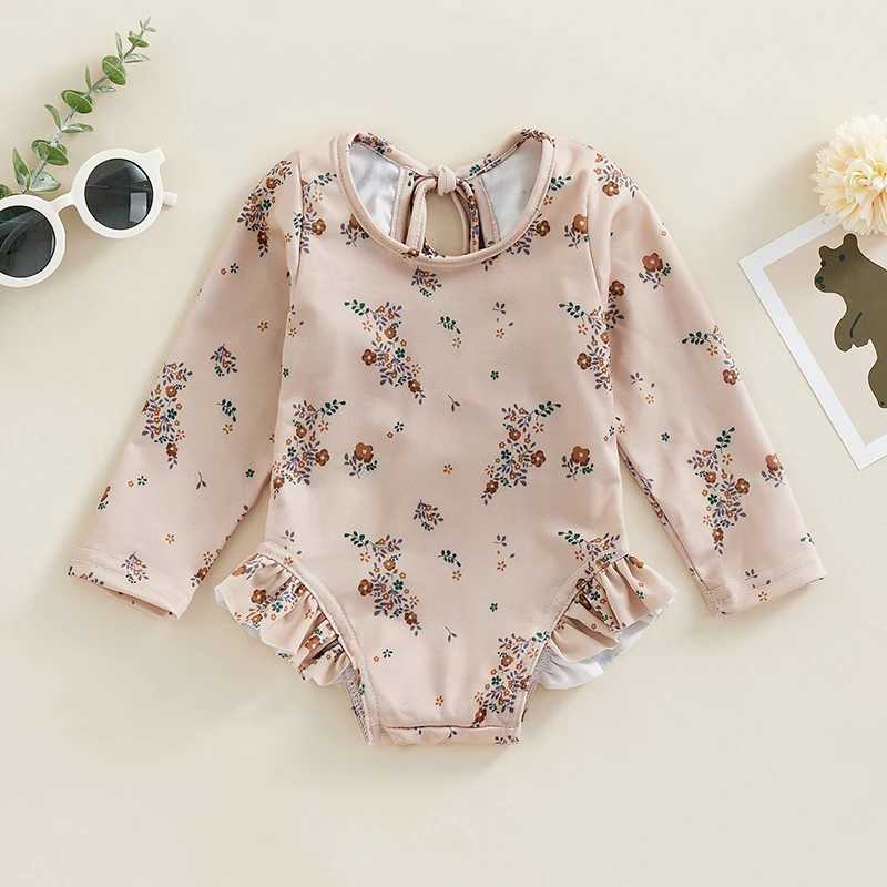 Kids Girl Summer Swimsuits Floral Print Long Sleeve Ruffles Jumpsuit Children Swimwear Beachwear Bathing SuitsXJ250214