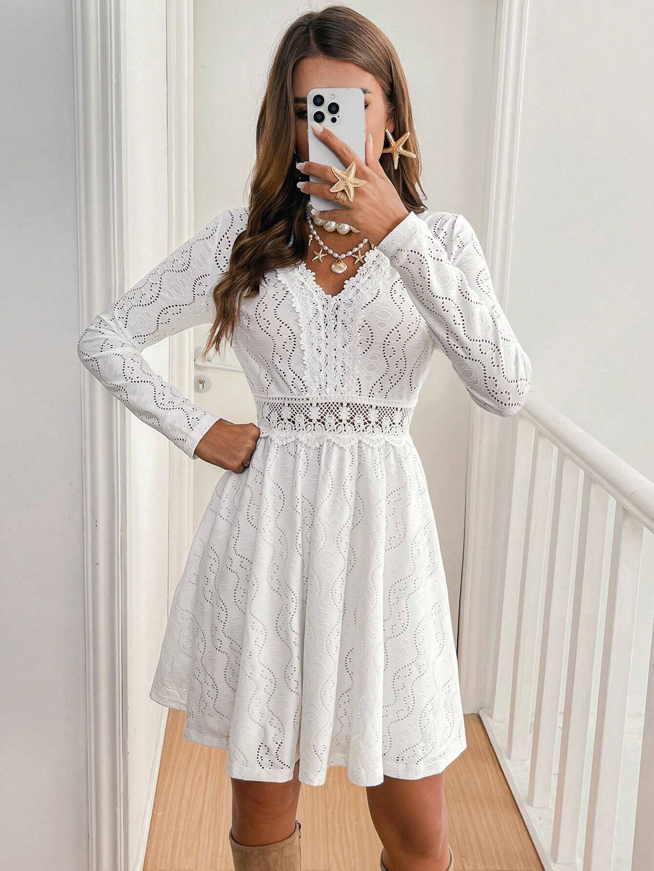 K51758 High Quality Elegant Women's Solid Lace Patchwork Mini Holiday Dress Scalloped Edge Sundress