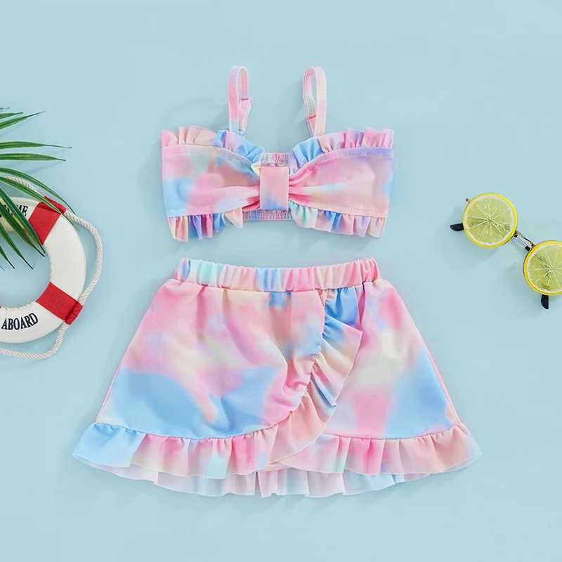 9M-4T Kids Girls Swimwear and Cover Up Summer Floral/Tie Dye Print Camisole Bra Elastic Shorts and Ruffle Skirt 3-Piece SetXJ250214