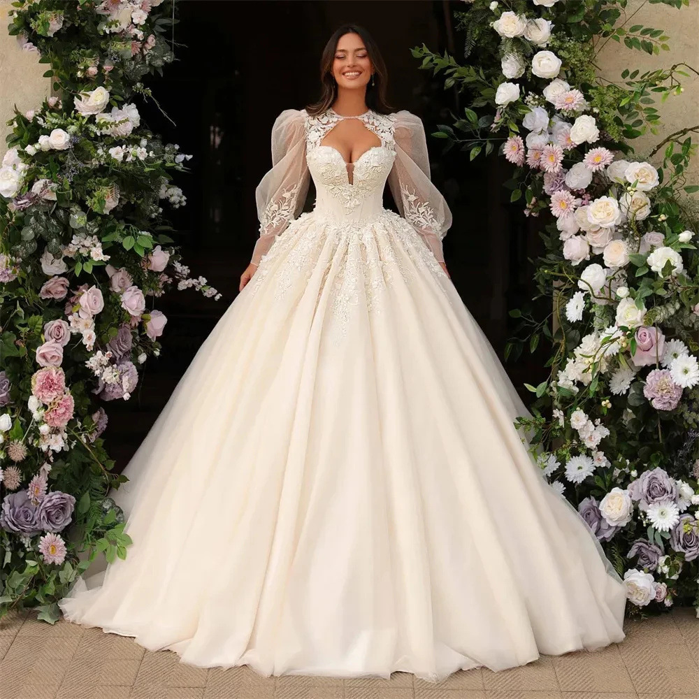 2025 Elegant A-line Bride Wedding Dresses Sweetheart Lace Appliques Puffy Sleeves Backless Tulle Women Bridal Gowns Vestido De Novia Robe Mariage