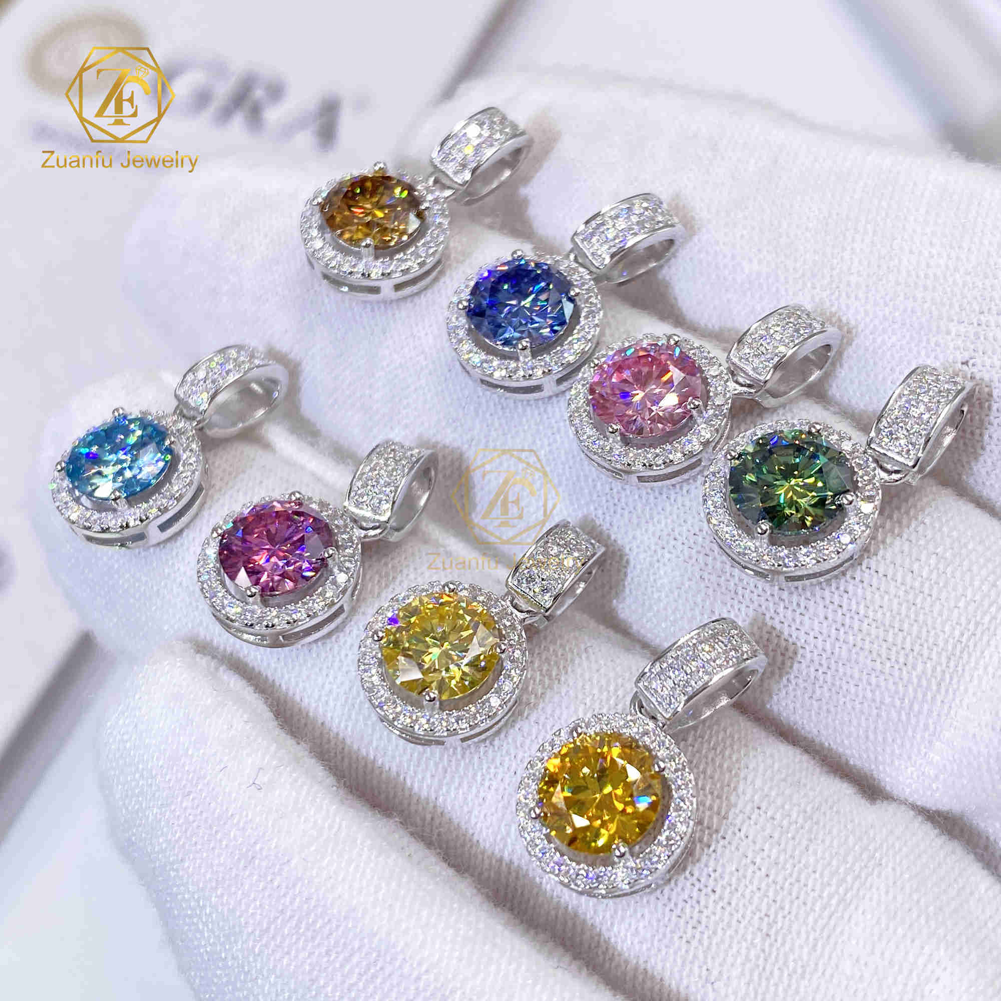 Fashion Design 1CT 6.5MM Moissanite Pendant Charm Pink Yellow Blue Round Brilliant Cut Halo 6.5MM Moissanite Pendant Charm