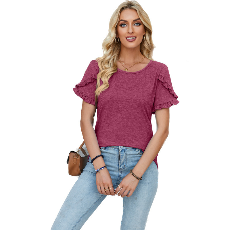 Designer 2025 Spring/summer New Round Neck Petal Sleeve Splicing Solid Color T-shirt Loose Top