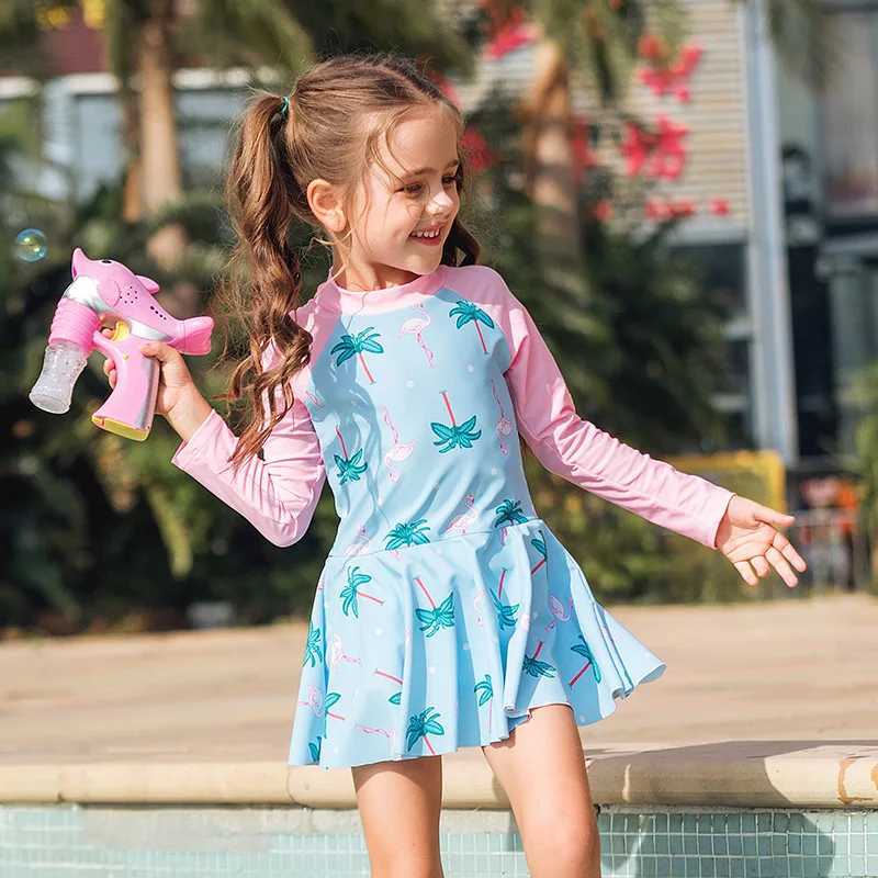 Toddler Girl Bathing Suit Children Swimsuit Girls One Piece Dress Cute Fashion Sun Proof Long Sleeve Swimsuit Baby Girl SwimwearXJ250214