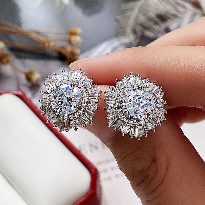Sparkling Drop Ship Stud Earrings Luxury Jewelry 925 Sterling Silver Round Cut White 5A Cubic Zircon Party Eternity Women Wedding Snow Flower Earring 