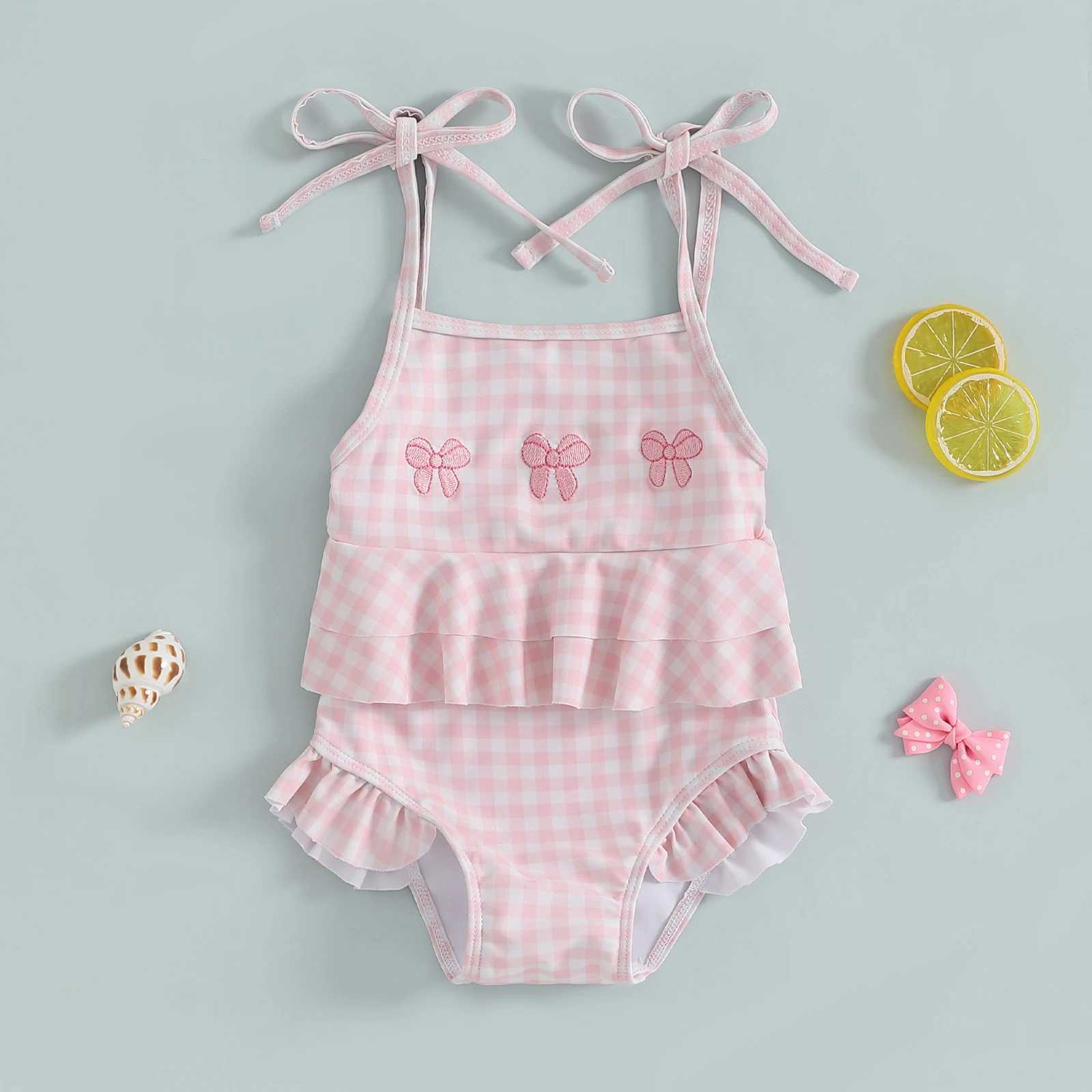 MISOWMNJOY Baby Strap Beachwear for Girls Swimsuit Cute Spaghetti Straps Tie-up Embroidery Bow Plaid Kids Swimming Bathing SuitXJ250214