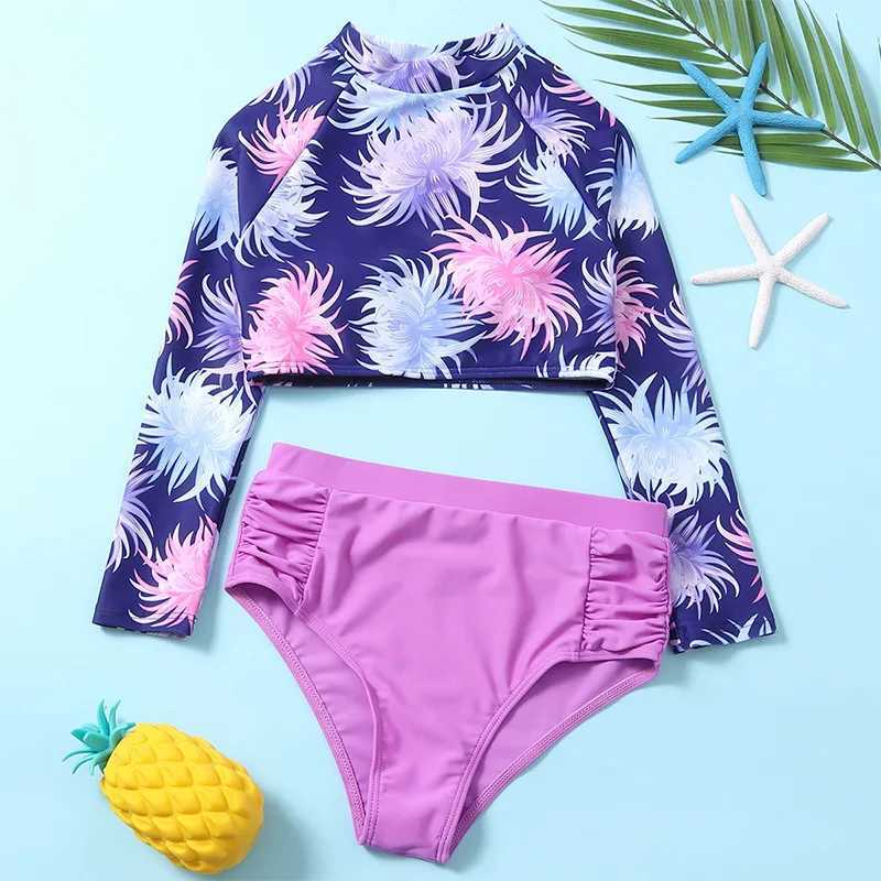 Girls High Waist Bikini Sets with Long Sleeve Crop Tops Kids Swimsuit 7-12 Years Childrens Swimwear 2024 Teenage Bathing SuitXJ250214