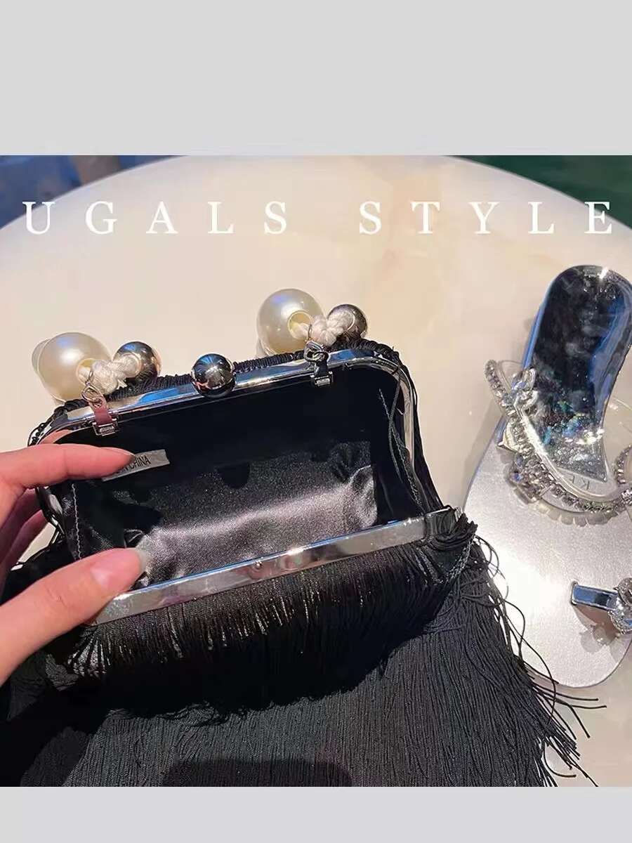 Fashion Long Tassel Women's Handbag Pearl Beading Handheld Evening Wedding Party Clutch Purse Shoulder Crossbody Bag Armpit